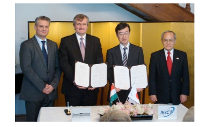 From left: Mr. Szabolcs TAKACS Director General, Department of Asia-Pacific, Ministry of Foreign Affairs of Hungary Mr. Laszlo DVORSZKI, Director of International Affairs, BME Dr. Hiroshi KUMAGAI, Vice President, NICT Mr. Tetsuo ITO, Ambassador of Japan to Hungary
