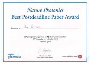 Nature Photonics Best Postdeadline Paper Award Certificate