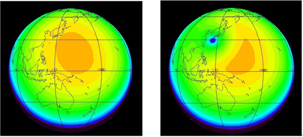 図2．（左）日食がない普段の電子密度分布 （右）今回の日食の電子密度分布。日本の南で電子密度の低い領域（青いところ）が丸く見えています。