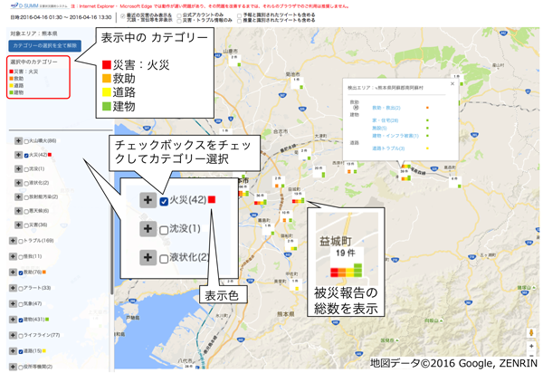 図8  熊本地震試用版で　「地図表示」ボタンを押した場合の要約の表示