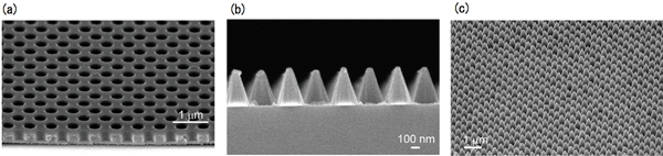 図2　(a) ソフトUVインプリント後の樹脂パターン (b) AlN表面上のNiリフトオフパターン (c) 深紫外LED光取出し面上の全面に形成されたAlNナノ光・ナノフィン構造の走査電子顕微鏡写真