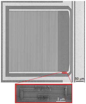 図2: 実験に用いたアルミニウム製超伝導人工原子（赤枠内）とLC共振回路の深強結合回路