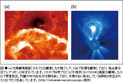 図1●（ a）太陽観測衛星「ひので」が観測した太陽フレア。CaIIで彩層を観測しており、発光部分はフレアリボンと呼ばれています。（ひので科学プロジェクト提供）（b）「SOHO」衛星が観測したコロナ質量放出。円盤の中の白丸が太陽を表しており、外側の白く発光している領域は放出されたコロナガスを表しています。（http://sohowww.nascom.nasa.gov 提供）