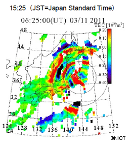 TEC variation about 38 minutes after the earthquake (EQ). TEC variation about 38 minutes after the earthquake (EQ).
