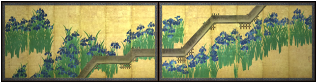 Fig. 1: Eight-Planked Bridge (Yatsuhashi zu), a pair of six-panel folding screens (provided by the Metropolitan Museum of Art)