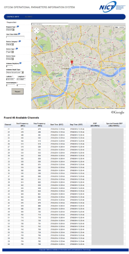 Figure 2: NICT’s TV white space database and provided operational parameters