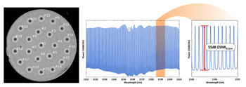 Cross section view of 22-core multi-core single-mode fiber (left), and optical spectrum from high performance comb source (right).