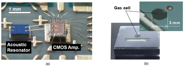 Fig. 3 (a) A microwave oscillator using a 3.5-GHz-band thin-film bulk acoustic resonator  (b) A micromachined Rb gas cell