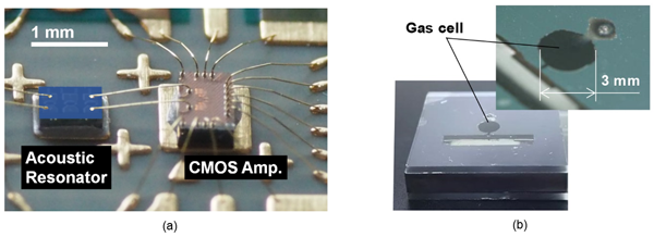 Fig. 3 (a) A microwave oscillator using a 3.5-GHz-band thin-film bulk acoustic resonator (b) A micromachined Rb gas cell Fig. 3 (a) A microwave oscillator using a 3.5-GHz-band thin-film bulk acoustic resonator (b) A micromachined Rb gas cell
