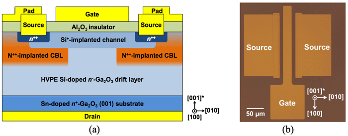 Fig. 1 (a) Cross-sectional schematic and (b) plan-view optical micrograph of the vertical Ga2O3 MOSFET. Fig. 1 (a) Cross-sectional schematic and (b) plan-view optical micrograph of the vertical Ga2O3 MOSFET.