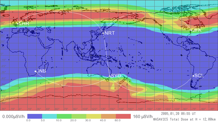 World dose map estimated by WASAVIES at a past large solar energetic particle event. World dose map estimated by WASAVIES at a past large solar energetic particle event.