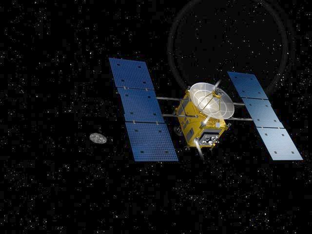 Illustration of Hayabusa space probe approaching asteroid Itokawa.