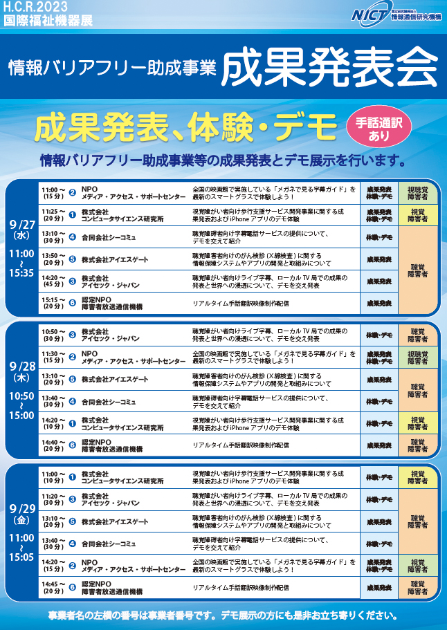当日の成果発表会のデモ展示などについて。詳細が必要な方はお問い合わせください