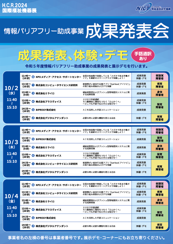 当日の成果発表会のデモ展示などについて。詳細が必要な方はお問い合わせください