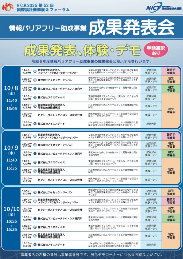 当日の成果発表会のデモ展示などについて。詳細が必要な方はお問い合わせください