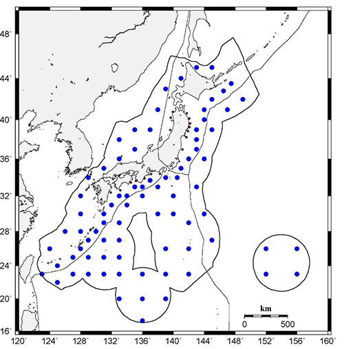 図3将来ビジョン（赤○：国交省既設18基、青○：構想81基）