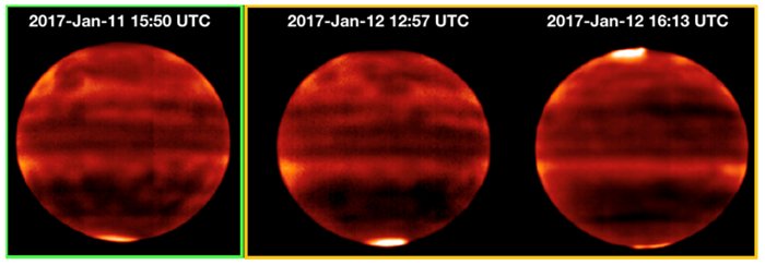 図1. すばる望遠鏡搭載の冷却中間赤外線撮像分光装置で観測された、2017年1月11—12日の木星のメタン発光強度分布。南極(木星下側)および北極(木星上側)で見られる発光が、2017年1月12日に増大する様子を観測しました。（提供：国立天文台・NASAジェット推進研究所）