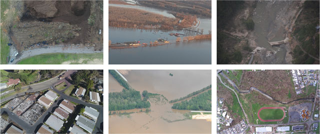 災害地域における低空撮影映像の実例（列左より瓦礫、洪水、損壊の各例）