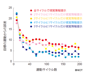 図2： 様々な視覚情報提示条件における運動学習成績 （各データは10 サイクル毎の運動誤差の平均値）