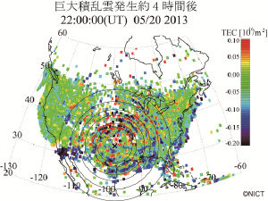 竜巻をもたらした巨大積乱雲によって 北アメリカ大陸にできた 高度300㎞における波紋状の波