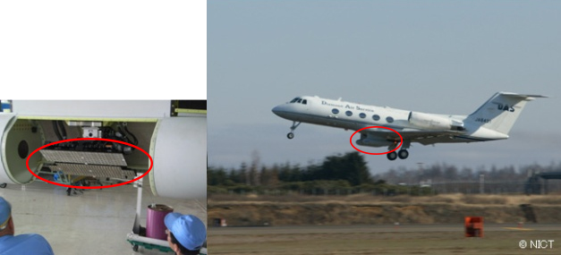 Pi-SAR2を搭載した航空機の写真 左の囲みの写真はPi-SAR2のアンテナ部(カバーを外したところ) Pi-SAR2を搭載した航空機の写真 左の囲みの写真はPi-SAR2のアンテナ部(カバーを外したところ)