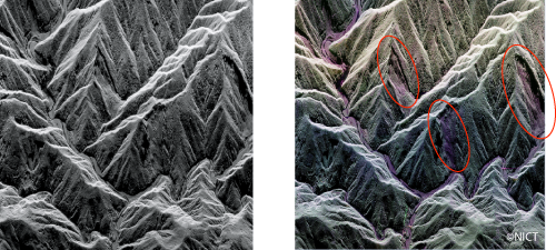 紀伊半島で発生した土砂崩れの状況を観測した画像（平成23年10月7日）　左は単偏波画像、右は偏波疑似カラー画像