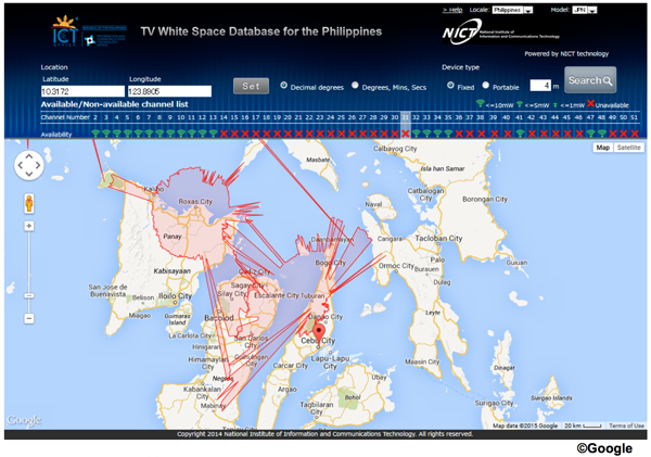図1 : フィリピンのTV放送情報を用いたホワイトスペースデータベースの例