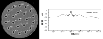 22コアシングルモードファイバ断面写真（左）高精度光コム光源が一括生成した光スペクトル（右）