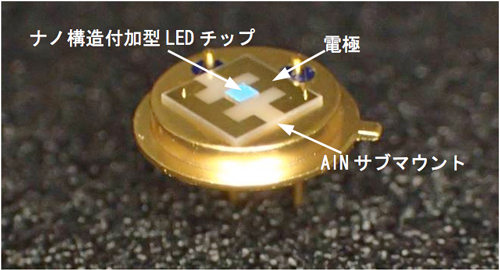 図3 マウントへのフリップチップ接合後の深紫外LEDの外観 光の干渉を起こすナノ構造がチップ全面に形成されているのが分かる。 図3 マウントへのフリップチップ接合後の深紫外LEDの外観 光の干渉を起こすナノ構造がチップ全面に形成されているのが分かる。