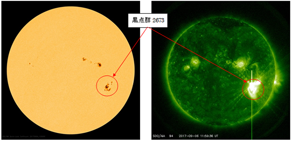 人工衛星SDOで観測された太陽画像(左: 可視光、右: 紫外線) 人工衛星SDOで観測された太陽画像(左: 可視光、右: 紫外線)