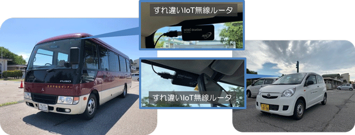 図2 すれ違いIoT無線ルータを搭載した黒部市社会福祉協議会保有のバス及び業務用車両の様子 図2 すれ違いIoT無線ルータを搭載した黒部市社会福祉協議会保有のバス及び業務用車両の様子