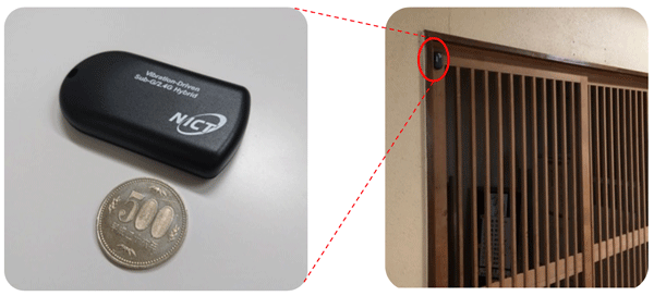 図3 別途開発したドア開閉センサ機能付きWi-SUNビーコン発信機(通称:つぶやきセンサ)設置の様子 図3 別途開発したドア開閉センサ機能付きWi-SUNビーコン発信機(通称:つぶやきセンサ)設置の様子