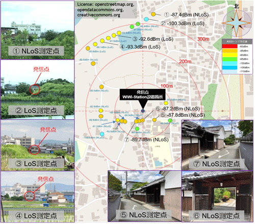 図6 木造家屋にすれ違いIoT無線ルータを設置した場合の通信可能エリア検証結果一例 図6 木造家屋にすれ違いIoT無線ルータを設置した場合の通信可能エリア検証結果一例