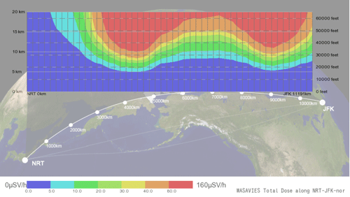 図1: 成田－ニューヨーク線の航路に沿った被ばく線量の例の図