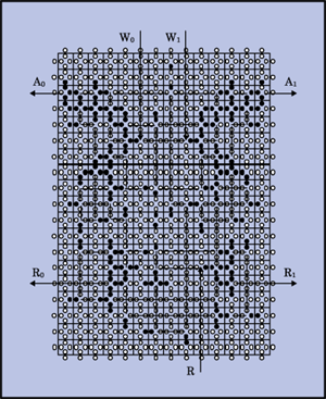 図2 提案した非同期セルオートマトンにより作られた1−ビットメモリW0, W1線は書込、A0, A1線は書込通知、R線は読込、R0, R1線は読込出力を表す。
