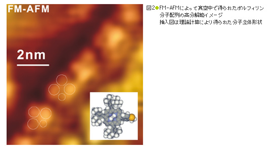 図2●FM-AFMによって真空中で得られたポルフィリン分子配列の高分解能イメージ　	挿入図は理論計算により得られた分子立体形状