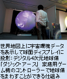 世界地図上に宇宙環境データを表示して球面ディスプレイに投影：デジタル4次元地球儀「ダジック・アース」　家庭用ゲーム機のコントローラーで地球儀をまわすことができる仕組み