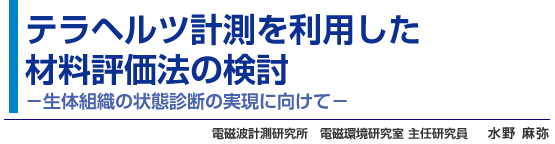テラヘルツ計測を利用した材料評価法の検討 -生体組織の状態診断の実現に向けて- 電磁波計測研究所 電磁環境研究室 主任研究員 水野 麻弥