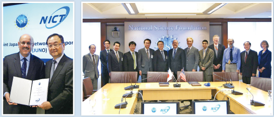 【写真左】MOU締結後のNSFコンピュータ情報科学工学局Farnam Jahanian局長とNICT今瀬真理事 【写真右】MOU締結後のNICTとNSF関係者